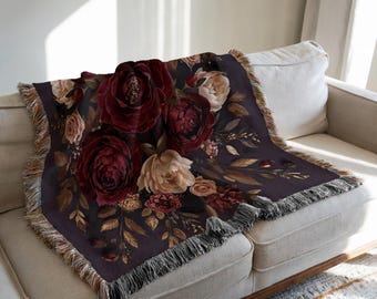 Burgundy Floral Woven Cotton Blanket, Botanical Tapestry Throw