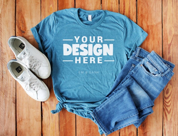Bella Canvas 3001 Heather Deep Teal T-Shirt Flatlay Styled