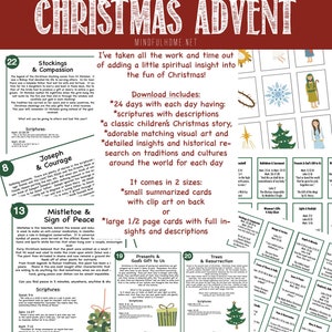 May include: A printable Advent calendar with 24 days of spiritual activities. Each day features a different Christmas-themed image, scripture, and story. The calendar is designed to help you celebrate the season with meaning and purpose.
