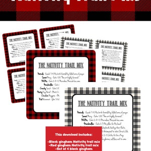 May include: Printable Nativity Trail Mix recipe cards with black and red gingham patterns. The cards feature a list of ingredients and corresponding Bible verses. The text includes: "Pretzels (Isaiah 7:14) His birth foretold by folded arms of prayer." "Sweet Mary (Luke 1:28) Thou art highly favoured." "M&Ms (Luke 2:10-11) Marvelous Messiah has come." "Marshmallow (Luke 2:7) No pillow for this head." "Chewy Snack (Luke 2:16) Shepherds fearing their flocks." "Nutty King Herald (Matthew 2:1) Attempting to take Christ's life." "Chocolate Nuggets (Luke 2:11) Gifts fit for a King." "Red Atonement (John 3:16) The glorious, selfless end to come."