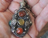 Vintage Jeweled Snuff Bottle, Citrine, Carnelian, Agate, Silver Metal Snuff Bottle REDuCED