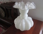 FENTON Beaded Melon Vase - Milk Glass- Silvercrest Ruffled Top - Art glass- 8 quot tall - Decor - Late 50 39 s-60s- Great GIFT