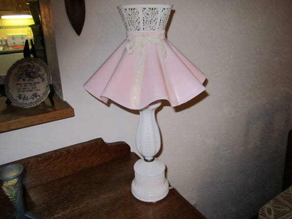 MidCenturyRetro ~ Milk Glass Boudoir Table Lamp (HOBNAIL) with soft pink shade 1950s 1960s~ MidCenturyRetro ~ Milk Glass Boudoir Table Lamp (HOBNAIL) with soft pink shade 1950s 1960s~