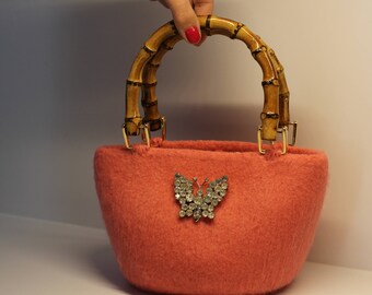 Bamboo Handle Purse Coral Pink Wool Hand knit Wet Felt