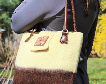 Large Handbag Tote Hand knitted Wet Felt and finished using 100 Percent wool and  Leather Handles