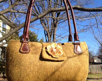 Straw Yellow Golden Large Handbag Purse Tote Handkknit wool felt with leather handles