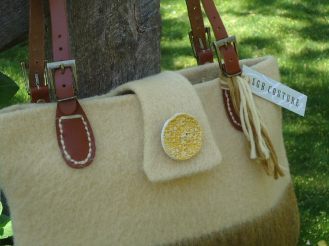 Wool Felt Yellow Straw Gold Handbag Tote Purse Handknit Women Large