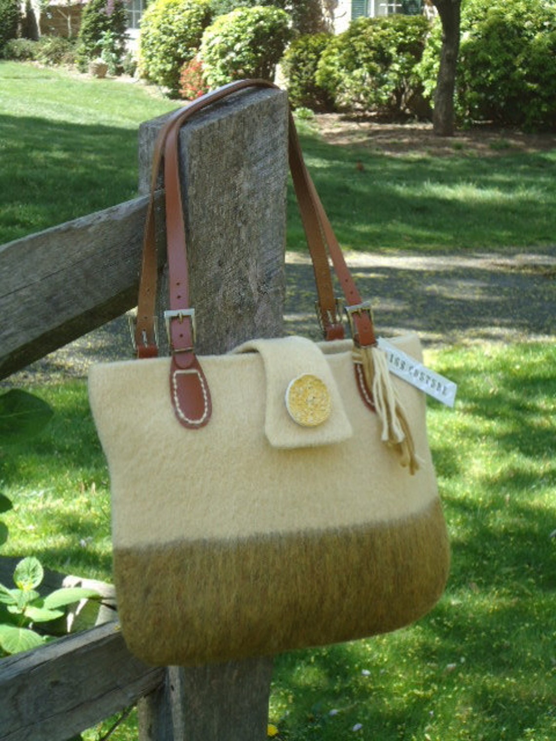 Wool Felt Yellow Straw Gold Handbag Tote Purse Handknit Women Large