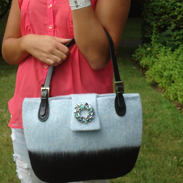 Large  Handbag Purse Wool Hand knit Felt  Blue and Black Leather Handles