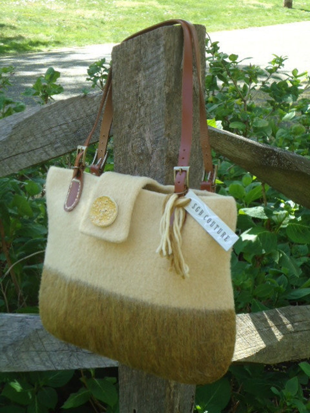 Wool Felt Yellow Straw Gold Handbag Tote Purse Handknit Women Large
