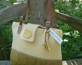 Wool Felt Yellow Straw Gold Handbag Tote Purse Handknit Women Large Leather Handles