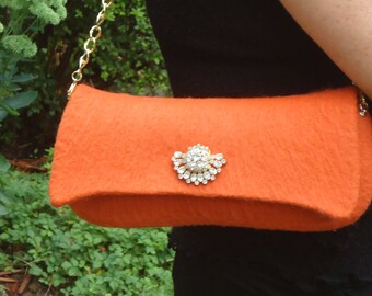 Bright Burnt Orange Purse Handbag Wool Felt Handknit Medium Gold Chain