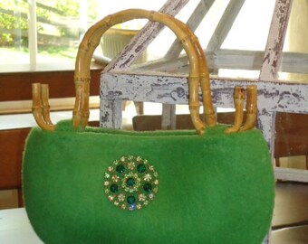 Green Purse Handbag Wool Bamboo Handles Rhinestone Brooch Handknit Wet Felt Handmade Mothers Day Wedding