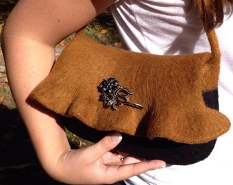 Black Brown/amber hand knit wet felt wool medium Purse Handbag