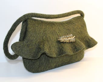 Felt Purse Handbag, Wool, Wet Felt Heather Green with Knit Felt Handles and Ruffle Front Closure