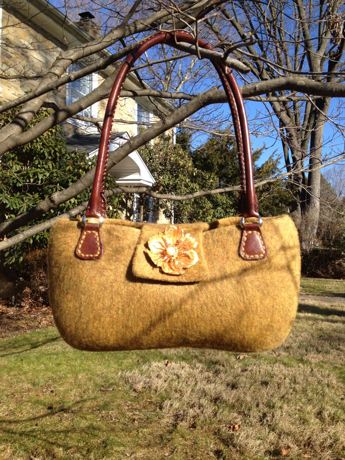 Straw Yellow Golden Large Handbag Purse Tote Handkknit Wool Etsy