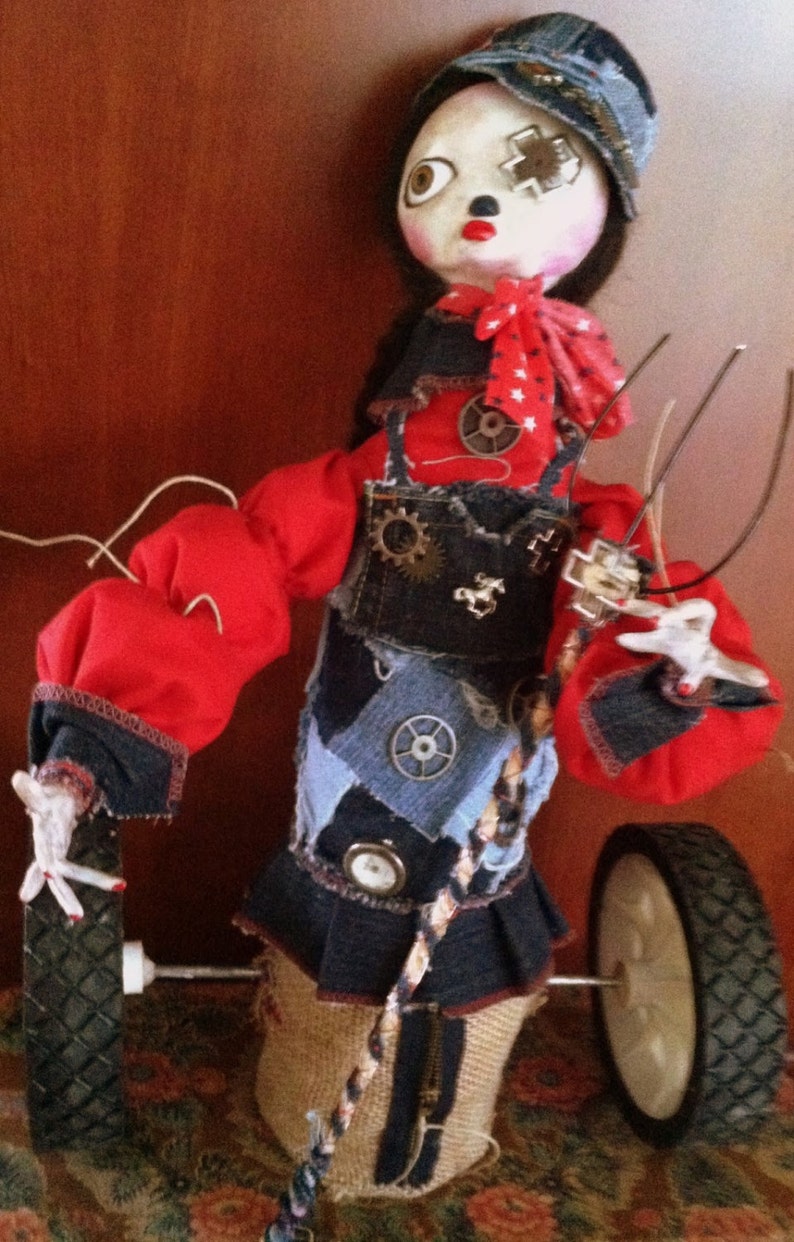 OOAK Primitive Polymer Clay Farm Chic Steam Punk Folk Art Doll On Vintage Wheels With Pitchfork image 1