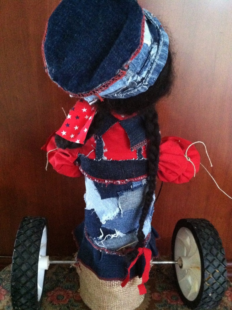 OOAK Primitive Polymer Clay Farm Chic Steam Punk Folk Art Doll On Vintage Wheels With Pitchfork image 5