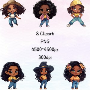 Clipart Black Girl — Set of 8, Cartoon girl, Planner Girl Clipart, Digital download PNG