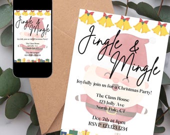 May include: A Christmas party invitation featuring a cartoon illustration of Santa Claus. The invitation reads "Jingle & Mingle" and includes the details: "The Claus House, 123 Jolly Ave, North Pole, CT, Dec 7th at 8pm, RSVP 123.123.1234".