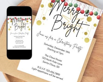 MERRY & BRIGHT Christmas Party invitation template, editable, instant download, holiday party