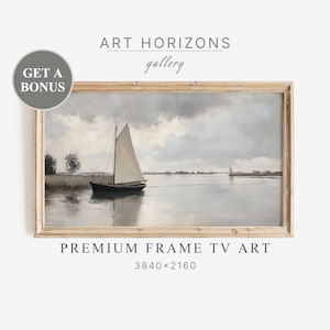 Sailboat Oil Painting Samsung Frame TV Art Antique Muted Neutral Colors Boat Lake Vintage Nautical Coastal Seascape Digital Download | TV110