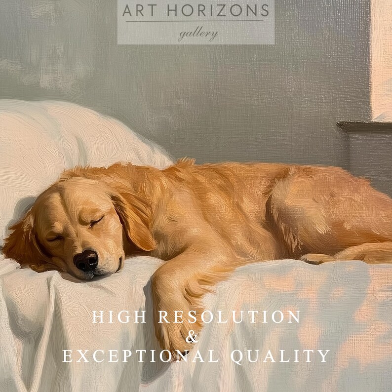 May include: A golden retriever dog is peacefully sleeping on a white bed. The dog's fur is a warm, light brown color. The image has text that reads "ART HORIZONS gallery" and "HIGH RESOLUTION & EXCEPTIONAL QUALITY".