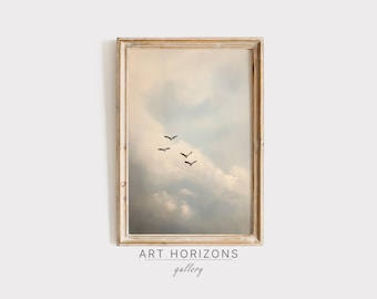 Pintura al óleo vintage de pájaros en vuelo, imprimible, estudio del cielo, nubes, arte de pared, decoración de guardería, obra de arte, descarga digital / A396