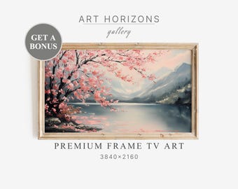 Spring Samsung Frame Tv Art Mountain Landscape Oil Painting Cherry Blossom Lake Blooming Tree Instant Download Digital Screensaver | TV143