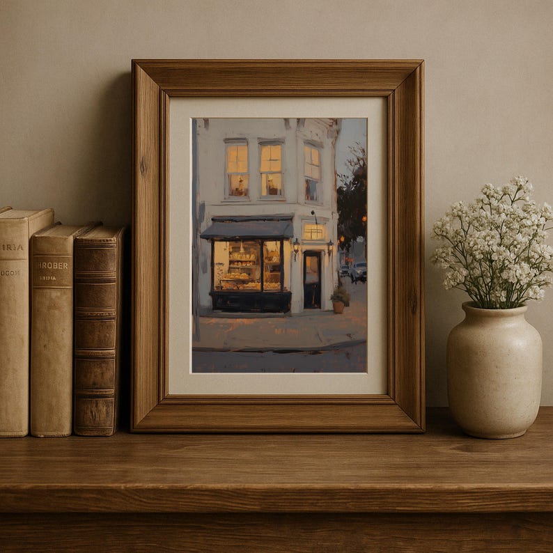 May include: A framed print depicting a bakery at dusk. The shop features a black awning and illuminated windows, displaying baked goods. The frame is a warm brown, and the print is on a wooden surface with books and a vase of white flowers.