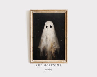 Puede incluir: Obra de arte enmarcada que representa un fantasma blanco con ojos negros sobre un fondo oscuro. El marco es de color marrón claro. El texto "ART HORIZONS gallery" está en la parte inferior. Una obra de arte espeluznante.