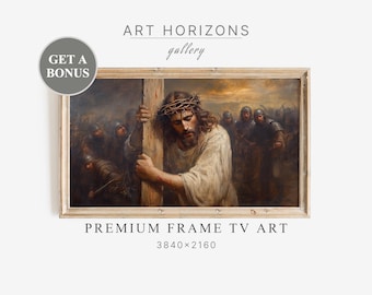 Jesucristo cargando la cruz, Calvario, pintura al óleo, Pascua, religioso, cristiano, versículo bíblico, obra de arte, Samsung, marco para TV, arte, decoración digital / TV103