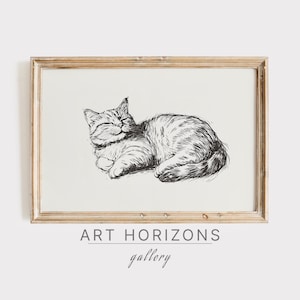 Schlafende Katze Vintage druckbare Skizze Bleistiftzeichnung Wandkunst Boho Tierliebhaber Wohnkultur Katzenliebhaber Geschenk Kätzchen Land Bauernhaus | A641