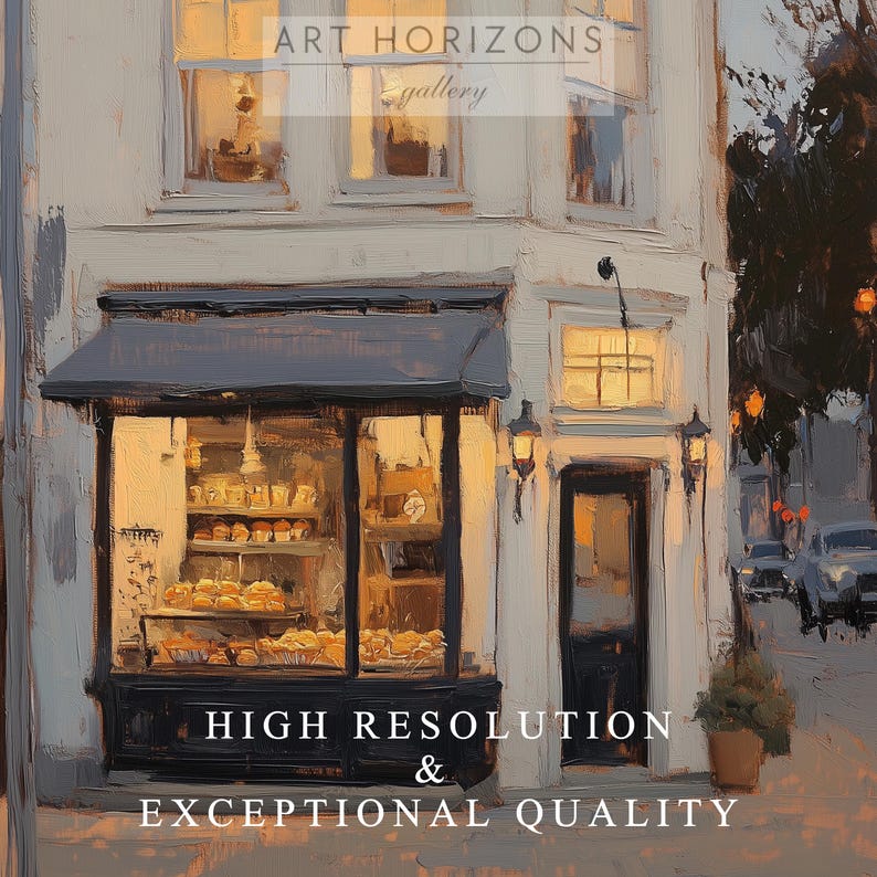 May include: An oil painting depicting a bakery at dusk. The white building has a black awning and door. The bakery window showcases baked goods. The text "ART HORIZONS gallery" is at the top, and "HIGH RESOLUTION & EXCEPTIONAL QUALITY" is at the bottom.