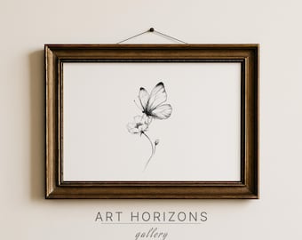 Printable Butterfly Sketch Wall Art Flower Line Drawing Minimal Ink Botanical Insect Illustration Vintage Minimalistic Neutral Decor | A886
