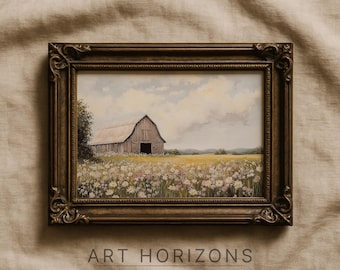 May include: A framed landscape painting depicting a barn in a field of wildflowers under a cloudy sky. The painting is in a dark brown ornate frame. The text "ART HORIZONS gallery" is at the bottom.
