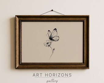 Botanical Line Art Printable Wall Decor Butterfly Floral Sketch Vintage Minimalist Neutral Bedroom Living Room Digital Download | A812