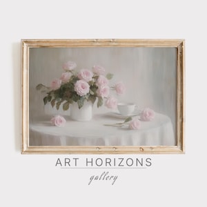 Moody Pink Rose Oil Painting Printable Vintage Floral Wall Art Pastel Tones Boho Farmhouse Decor Neutral Flower Digital Download | A368
