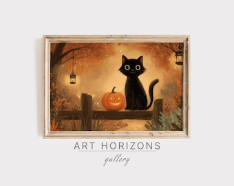 May include: A framed print depicting a black cat and a carved pumpkin on a wooden fence. The background shows an autumnal scene with trees, lanterns, and warm colours. The text "ART HORIZONS gallery" is at the bottom.