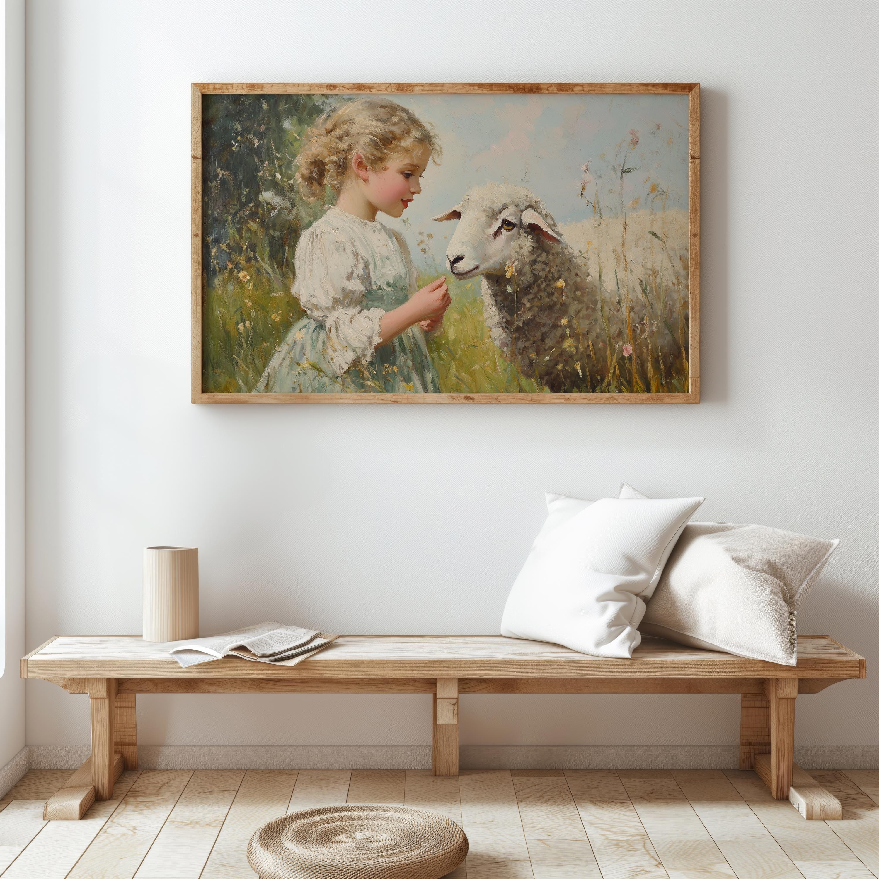 Vintage Oil Painting Little Girl Sheep Lamb Cottagecore Wall Art Moody ...