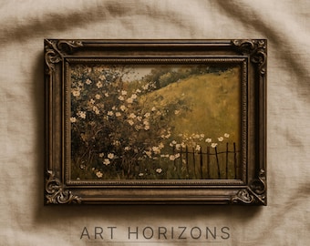 Paesaggio rustico di campagna, dipinto ad olio sui toni della terra, arte murale, albero in fiore, scena naturale primaverile, download digitale, villaggio, fattoria / A378