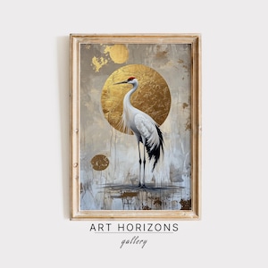 Pintura de pájaro grulla japonés beige y dorado para pared, obra de arte decorativa para el hogar japonesa, arte vintage imprimible con grullas Wabi Sabi, digital/A280