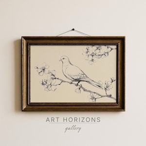 Vintage Bird On Branch Sketch Printable Wall Art Pencil Drawing Botanical Nature Illustration Rustic Neutral Line Digital Home Decor | A743