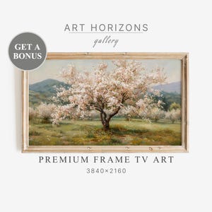 Könnte beinhalten: Gerahmtes Landschaftsgemälde mit einem blühenden Baum mit hellrosa Blüten auf einer Wiese. Das Kunstwerk hat einen hellbraunen Rahmen. Der Text "ART HORIZONS gallery" und "PREMIUM FRAME TV ART" sind sichtbar.