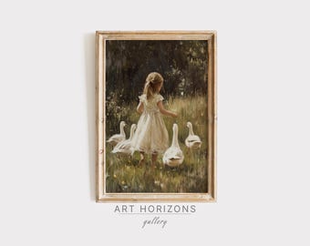 Antique Farmhouse Oil Painting Vintage Girl Ducks Artwork Printable Download Country Farm Animal Goose Easter Cottagecore Farmhouse | A575