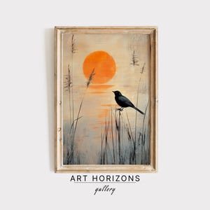 Bird Over Sunrise Lake Wall Art, Boho Abstract Decor Artwork, Mid Century Modern Sunset Painting, Digital Download Animal Print Art | A282