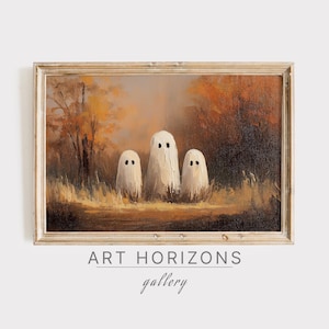 May include: A framed painting depicts three white ghost figures in a field with an autumn-themed background. The artwork has a vintage aesthetic, with the text "ART HORIZONS gallery" at the bottom.