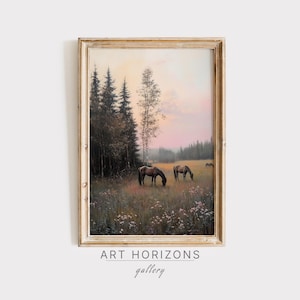May include: Framed landscape art print featuring horses grazing in a field with trees. The artwork has a vintage aesthetic with a soft color palette of greens, browns, and pinks. The text "ART HORIZONS gallery" is at the bottom.