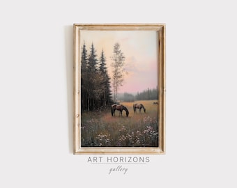 Vintage Oil Painting Wild Horses Printable Wall Art Farmhouse Landscape Meadow Forest Foggy Field Animal Home Decor Wildflower | A472