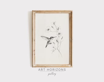 Dibujo imprimible de colibrí vintage, ilustración minimalista de pájaro, arte mural de flores silvestres neutras, dibujo de animales para decoración del hogar / A684